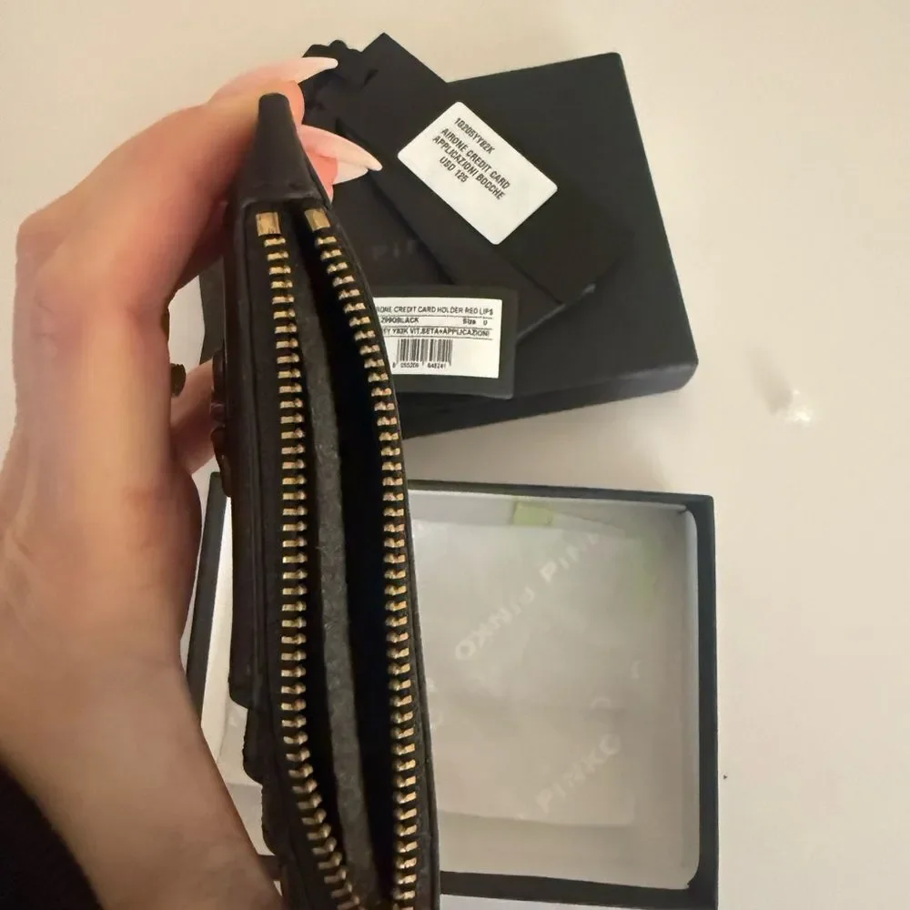 Pinko AIRONE Black Card Holder with Gold Detail & RED LIPS like new. With Box